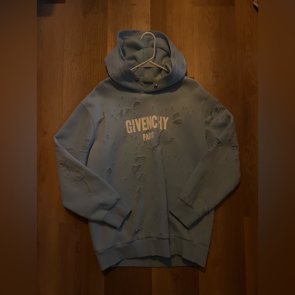 Givenchy Distressed Light Blue Hoodie - Picture 1 of 4